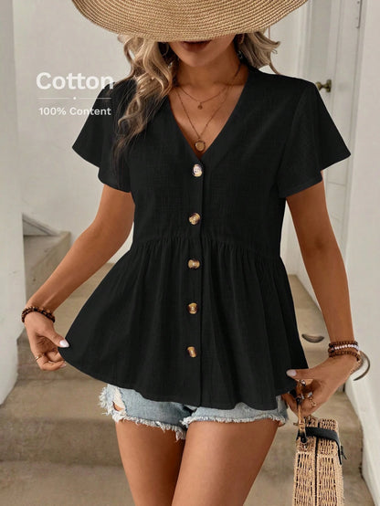 LUNE Summer Women's V-Neck Ruffle Hem Ruched Bell Sleeve Babydoll A-Line Shirt, Casual & Holiday Style, Pure Cotton Button-Up Shirt