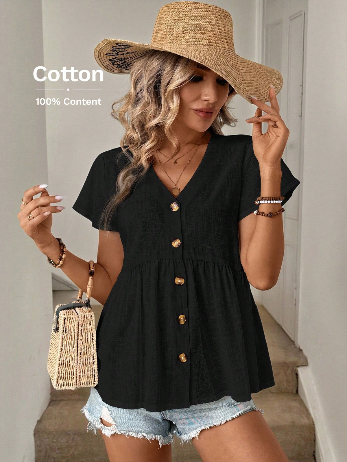 LUNE Summer Women's V-Neck Ruffle Hem Ruched Bell Sleeve Babydoll A-Line Shirt, Casual & Holiday Style, Pure Cotton Button-Up Shirt