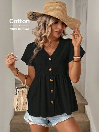 LUNE Summer Women's V-Neck Ruffle Hem Ruched Bell Sleeve Babydoll A-Line Shirt, Casual & Holiday Style, Pure Cotton Button-Up Shirt