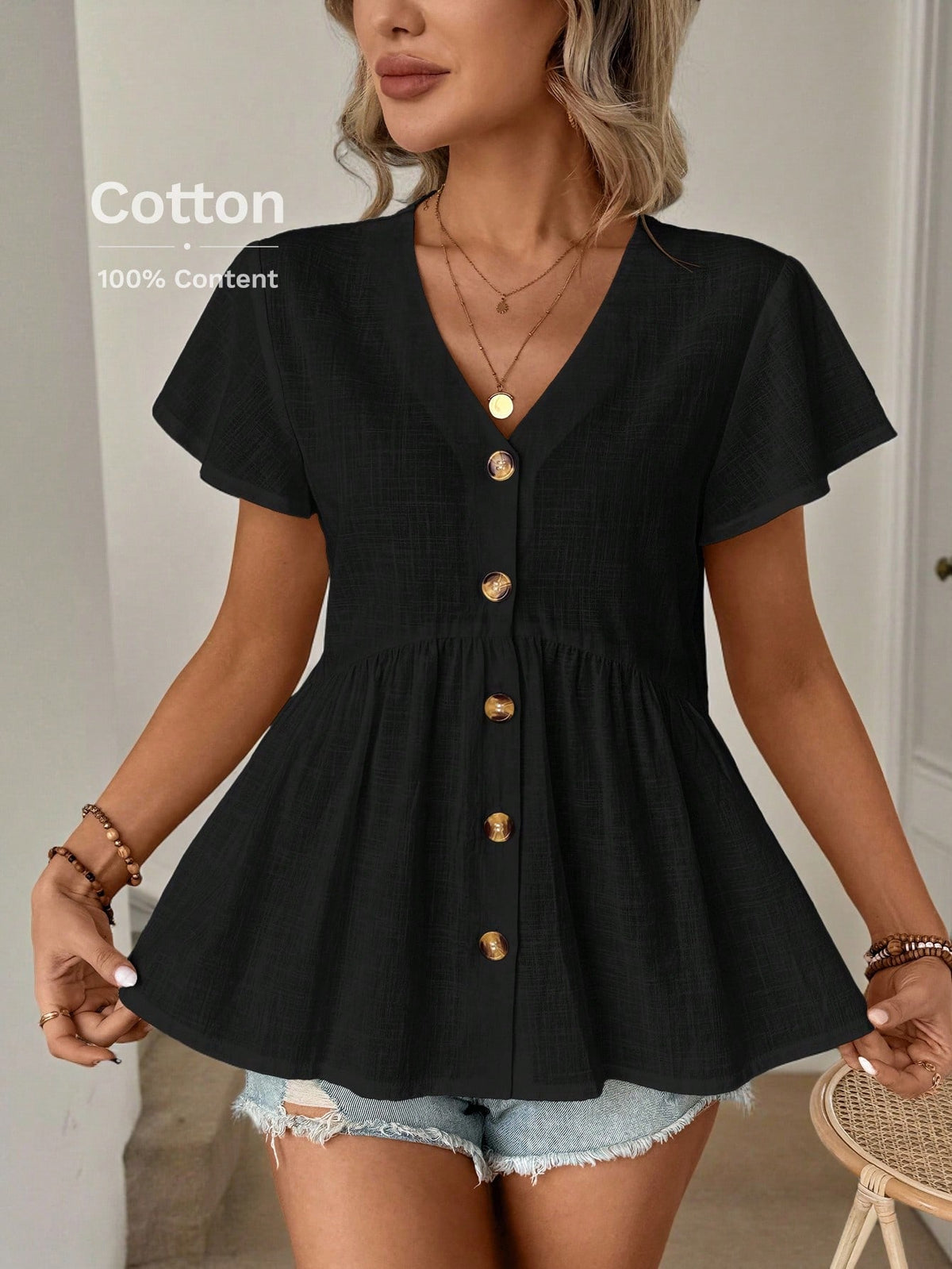 LUNE Summer Women's V-Neck Ruffle Hem Ruched Bell Sleeve Babydoll A-Line Shirt, Casual & Holiday Style, Pure Cotton Button-Up Shirt