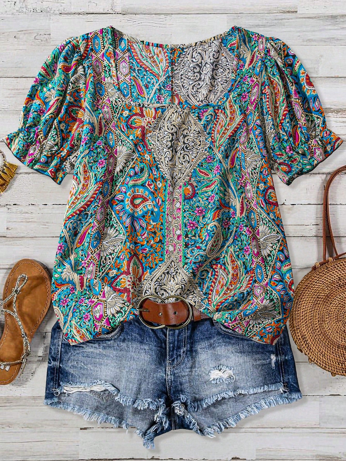 LUNE Teal Plus Size Square Neck Short Sleeve Allover Floral Print Casual 2000s 90s 70's Top, Women's Summer Boho Vacation Resort Style Beach Party Blouses