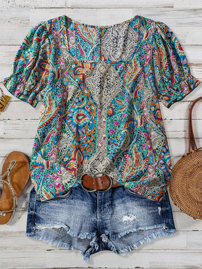 LUNE Teal Plus Size Square Neck Short Sleeve Allover Floral Print Casual 2000s 90s 70's Top, Women's Summer Boho Vacation Resort Style Beach Party Blouses
