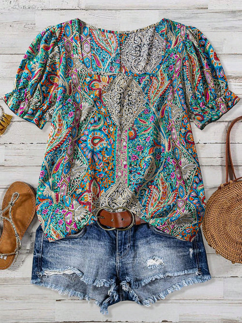 LUNE Teal Plus Size Square Neck Short Sleeve Allover Floral Print Casual 2000s 90s 70's Top, Women's Summer Boho Vacation Resort Style Beach Party Blouses
