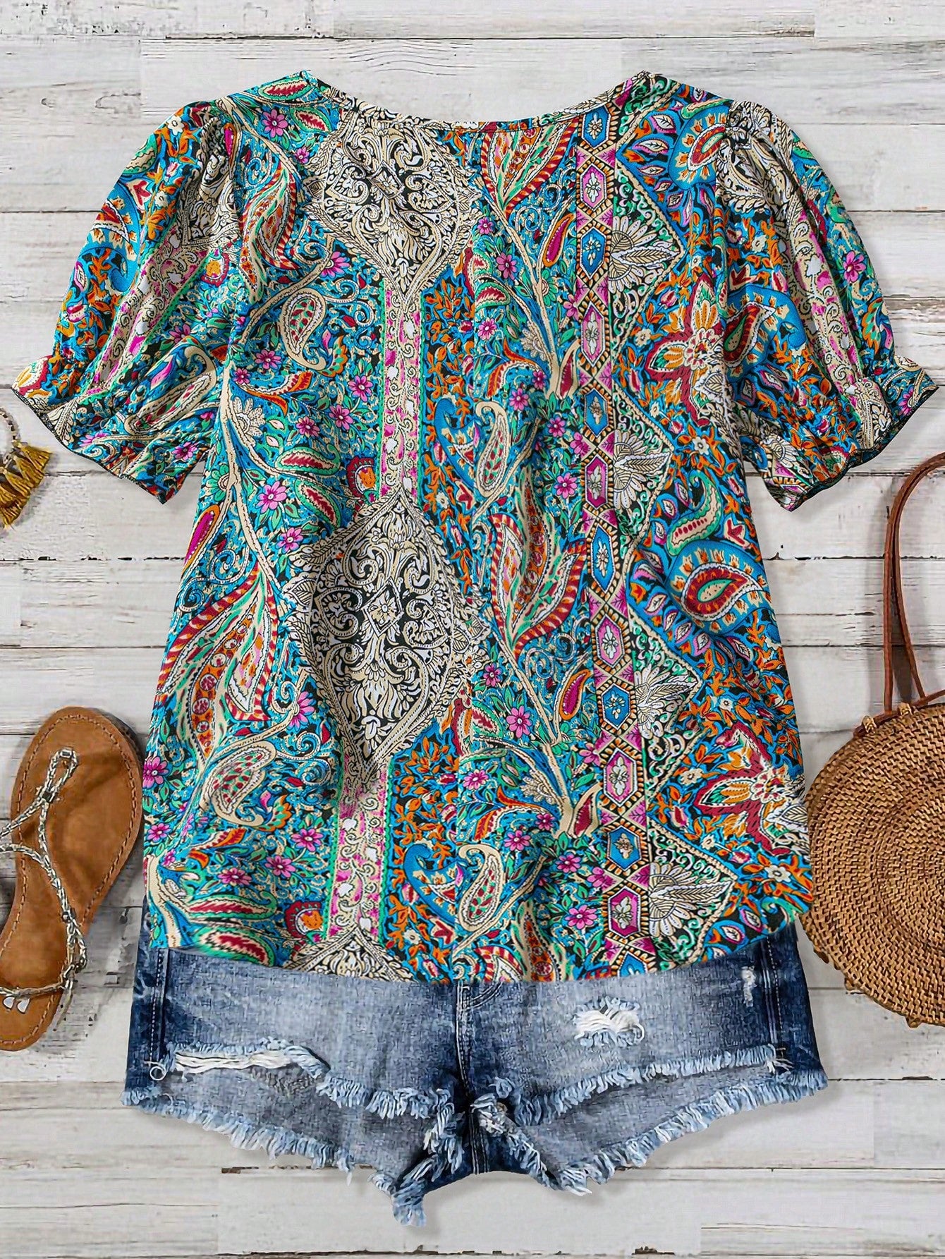 LUNE Teal Plus Size Square Neck Short Sleeve Allover Floral Print Casual 2000s 90s 70's Top, Women's Summer Boho Vacation Resort Style Beach Party Blouses