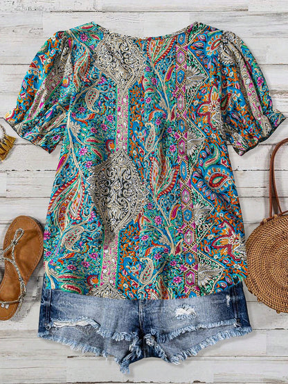 LUNE Teal Plus Size Square Neck Short Sleeve Allover Floral Print Casual 2000s 90s 70's Top, Women's Summer Boho Vacation Resort Style Beach Party Blouses