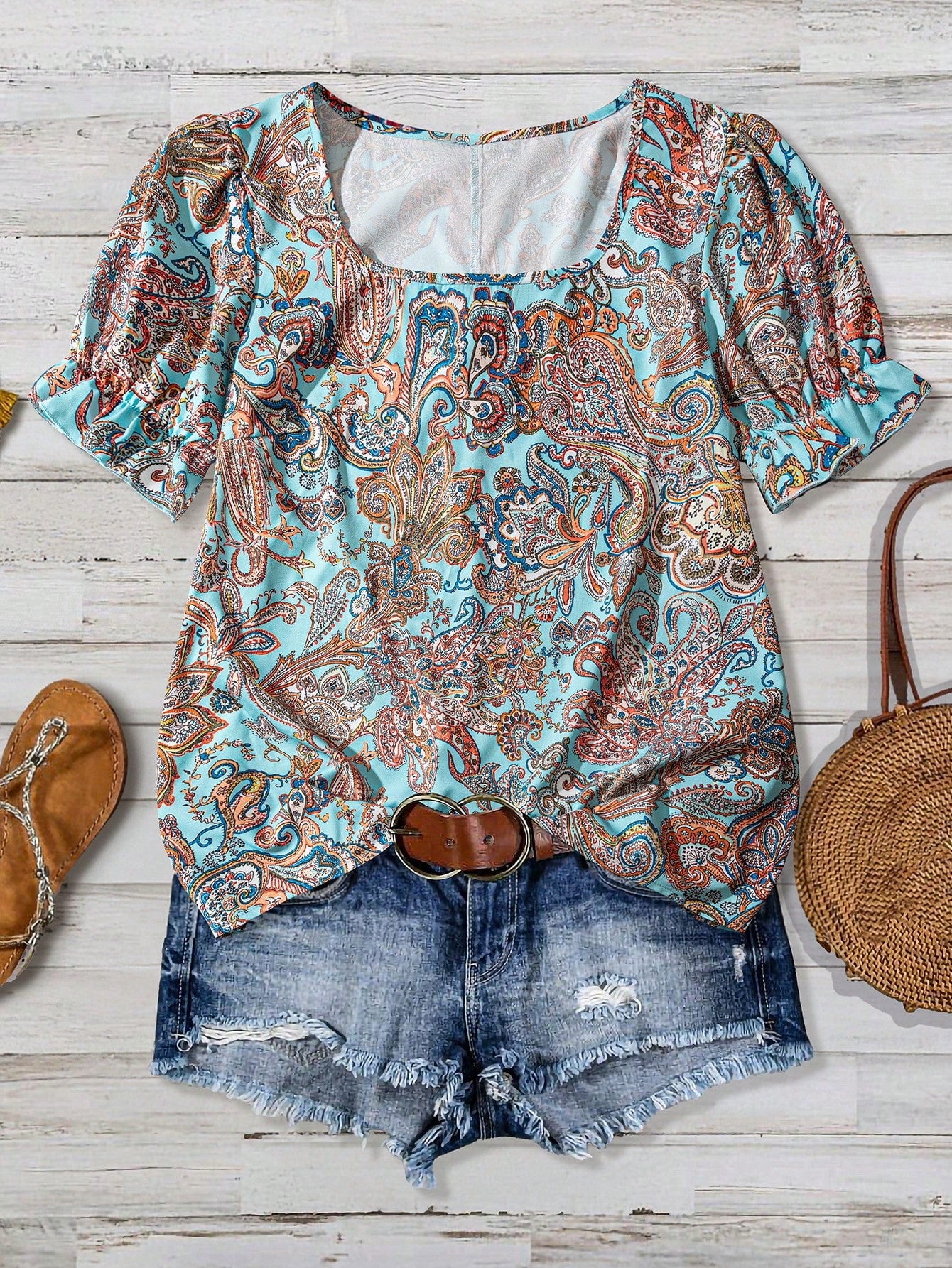 LUNE Teal Plus Size Square Neck Short Sleeve Allover Floral Print Casual 2000s 90s 70's Top, Women's Summer Boho Vacation Resort Style Beach Party Blouses