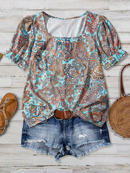 LUNE Teal Plus Size Square Neck Short Sleeve Allover Floral Print Casual 2000s 90s 70's Top, Women's Summer Boho Vacation Resort Style Beach Party Blouses