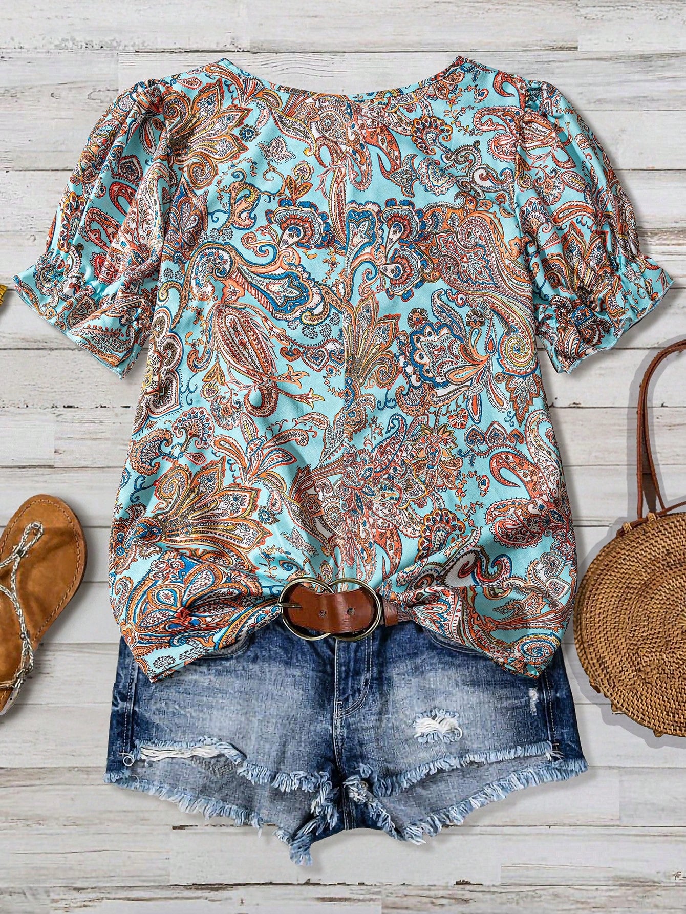 LUNE Teal Plus Size Square Neck Short Sleeve Allover Floral Print Casual 2000s 90s 70's Top, Women's Summer Boho Vacation Resort Style Beach Party Blouses
