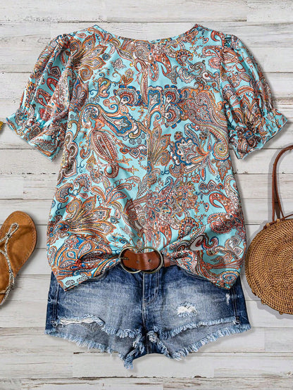 LUNE Teal Plus Size Square Neck Short Sleeve Allover Floral Print Casual 2000s 90s 70's Top, Women's Summer Boho Vacation Resort Style Beach Party Blouses