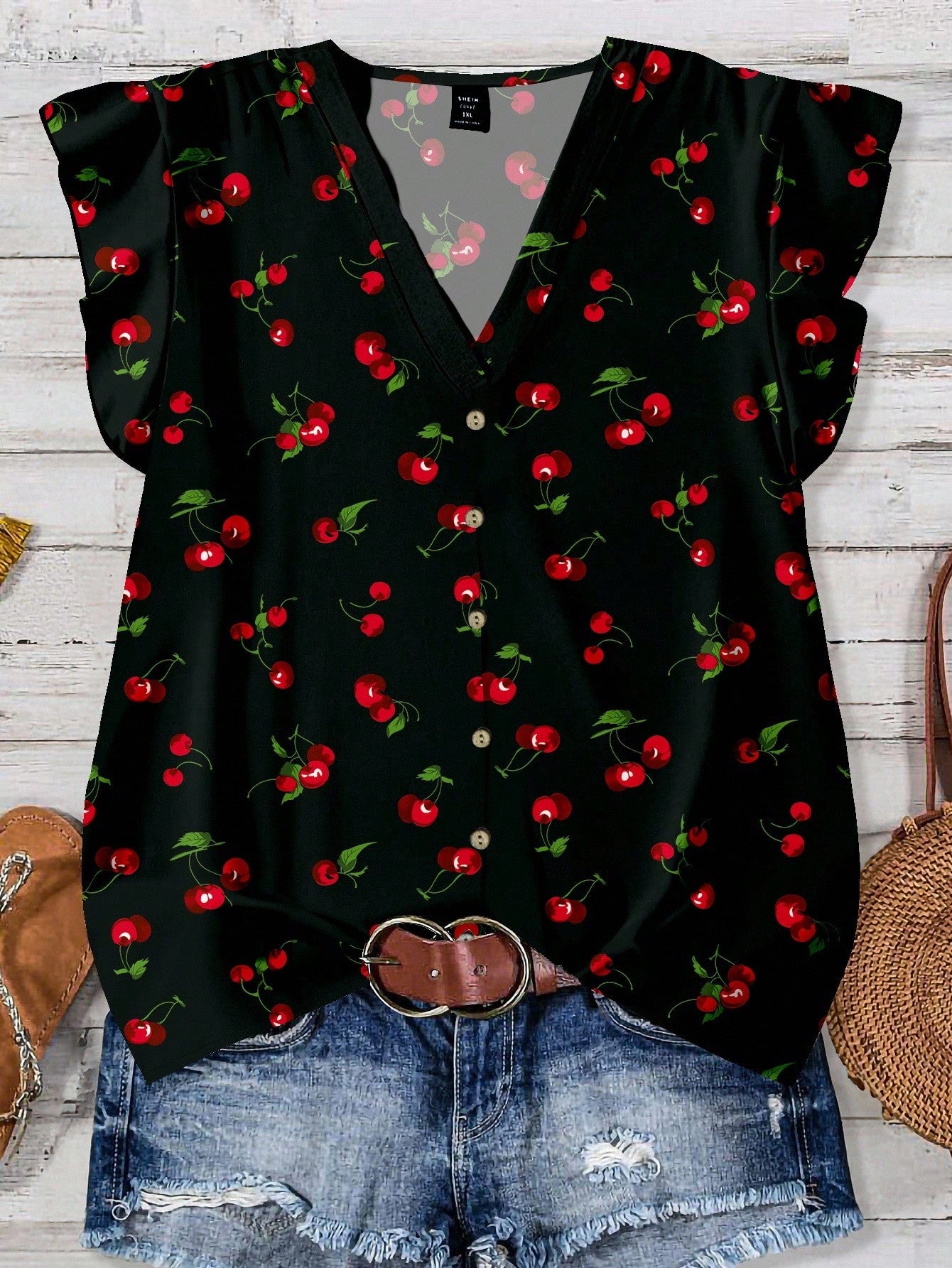 LUNE VCAY Plus Size Women Shirts,Cute Cherry Print Loose Casual Black And Red Blouse,Summer Vacation Holiday Tops,Chic Flower Spring Blouses Fall