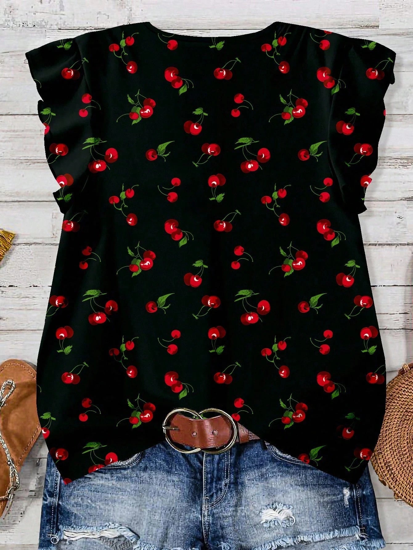 LUNE VCAY Plus Size Women Shirts,Cute Cherry Print Loose Casual Black And Red Blouse,Summer Vacation Holiday Tops,Chic Flower Spring Blouses Fall