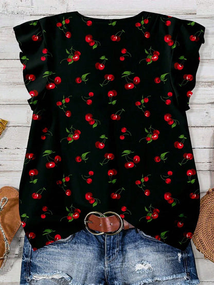 LUNE VCAY Plus Size Women Shirts,Cute Cherry Print Loose Casual Black And Red Blouse,Summer Vacation Holiday Tops,Chic Flower Spring Blouses Fall