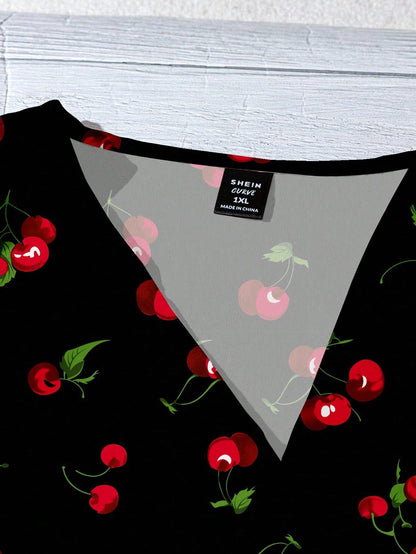 LUNE VCAY Plus Size Women Shirts,Cute Cherry Print Loose Casual Black And Red Blouse,Summer Vacation Holiday Tops,Chic Flower Spring Blouses Fall