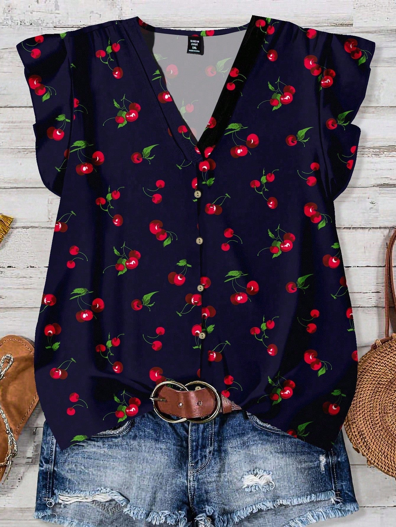 LUNE VCAY Plus Size Women Shirts,Cute Cherry Print Loose Casual Black And Red Blouse,Summer Vacation Holiday Tops,Chic Flower Spring Blouses Fall