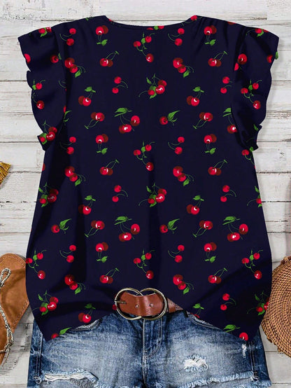LUNE VCAY Plus Size Women Shirts,Cute Cherry Print Loose Casual Black And Red Blouse,Summer Vacation Holiday Tops,Chic Flower Spring Blouses Fall