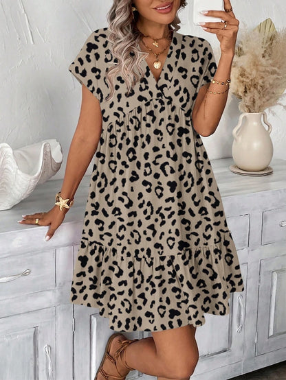 LUNE Vintage Leopard Print V-Neck Women's Short Dress