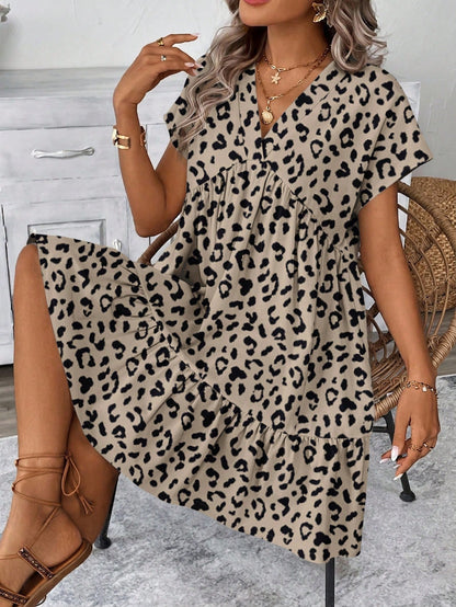 LUNE Vintage Leopard Print V-Neck Women's Short Dress