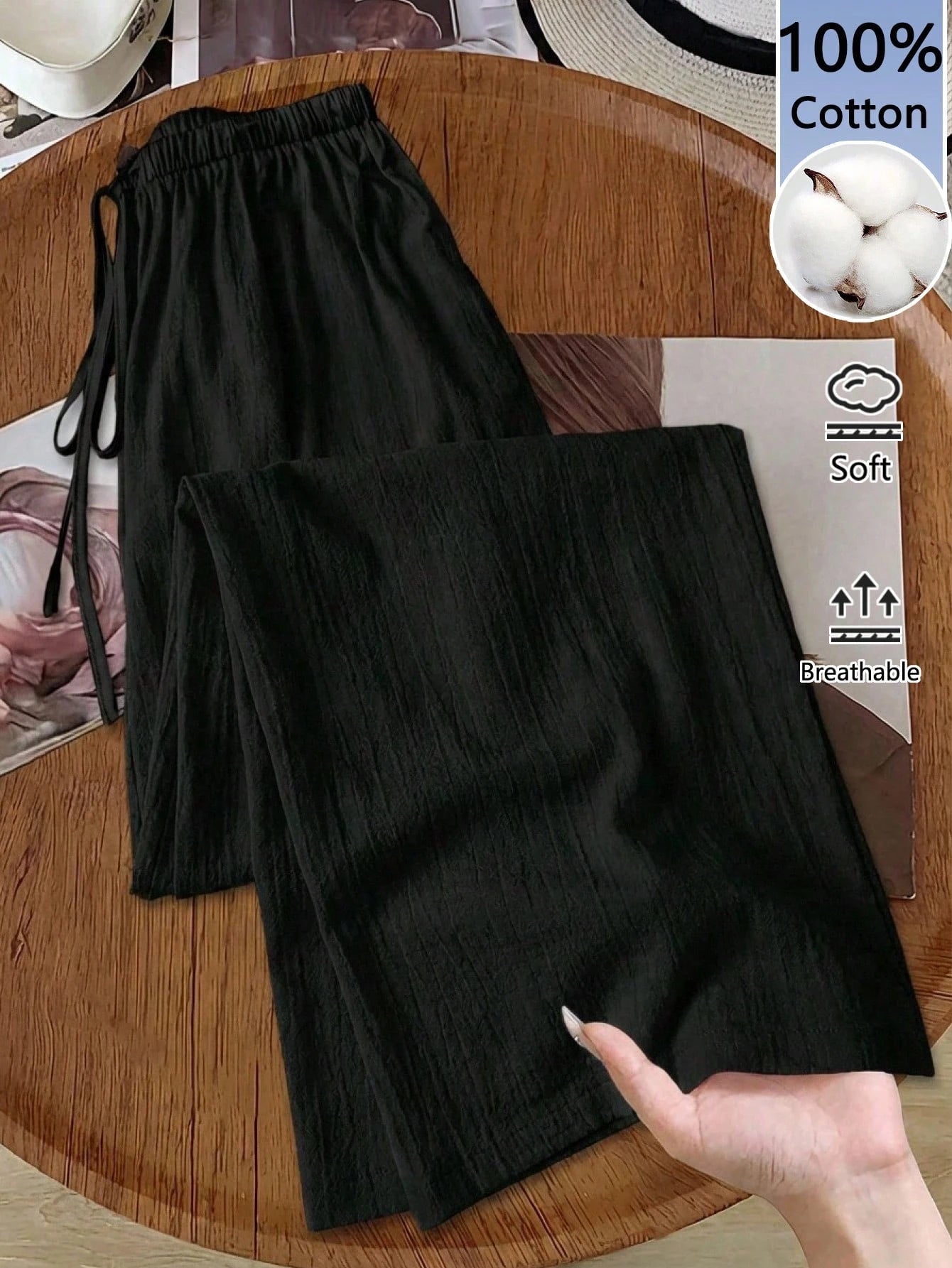 LUNE Women's Black Long Cotton Wide-Leg Pants, Comfortable And Fitted, Black Cotton Pants, Women's Casual Pants, Autumn Casual Style