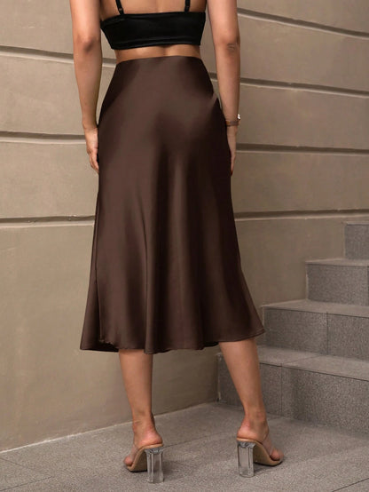 LUNE Women's Elegant Versatile Satin Mermaid Midi Skirt Brown Skirt Elegant Skirt Satin Skirt
