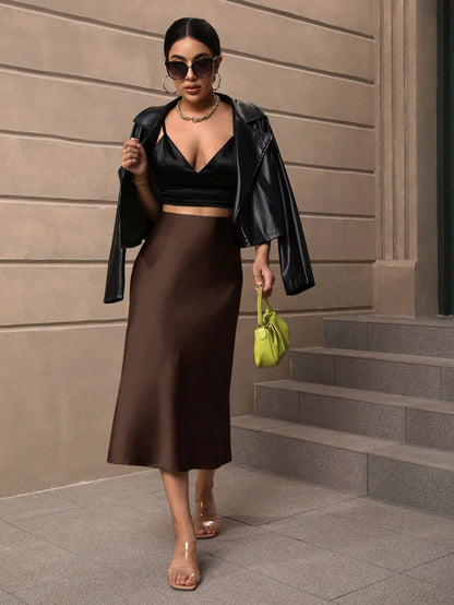 LUNE Women's Elegant Versatile Satin Mermaid Midi Skirt Brown Skirt Elegant Skirt Satin Skirt
