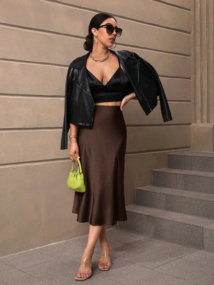 LUNE Women's Elegant Versatile Satin Mermaid Midi Skirt Brown Skirt Elegant Skirt Satin Skirt