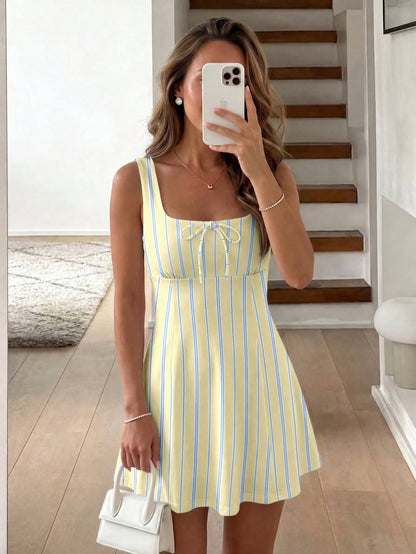 LUNE Women's Mini Dress With Waist Cinched Slim Fit A-Line, Casual Minimalist Vacation Bohemian Elegant Romantic Vintage Pale Yellow Striped Print Pattern, Music Festival, Beach Outfit, Vacation