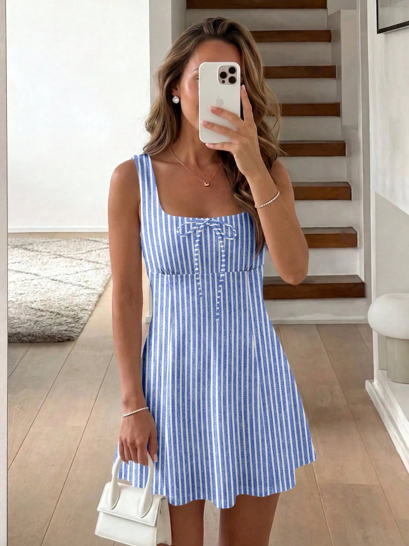 LUNE Women's Mini Dress With Waist Cinched Slim Fit A-Line, Casual Minimalist Vacation Bohemian Elegant Romantic Vintage Pale Yellow Striped Print Pattern, Music Festival, Beach Outfit, Vacation