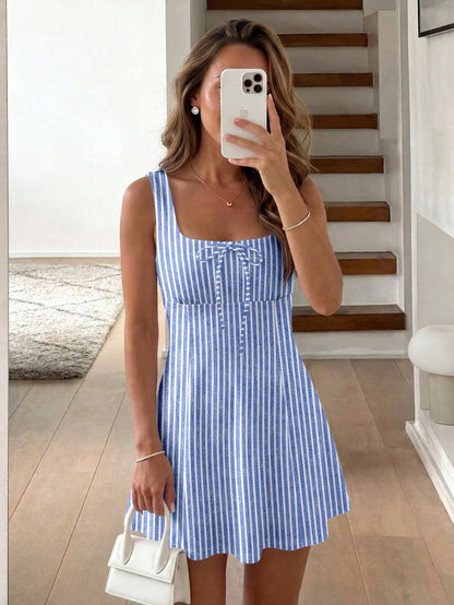 LUNE Women's Mini Dress With Waist Cinched Slim Fit A-Line, Casual Minimalist Vacation Bohemian Elegant Romantic Vintage Pale Yellow Striped Print Pattern, Music Festival, Beach Outfit, Vacation