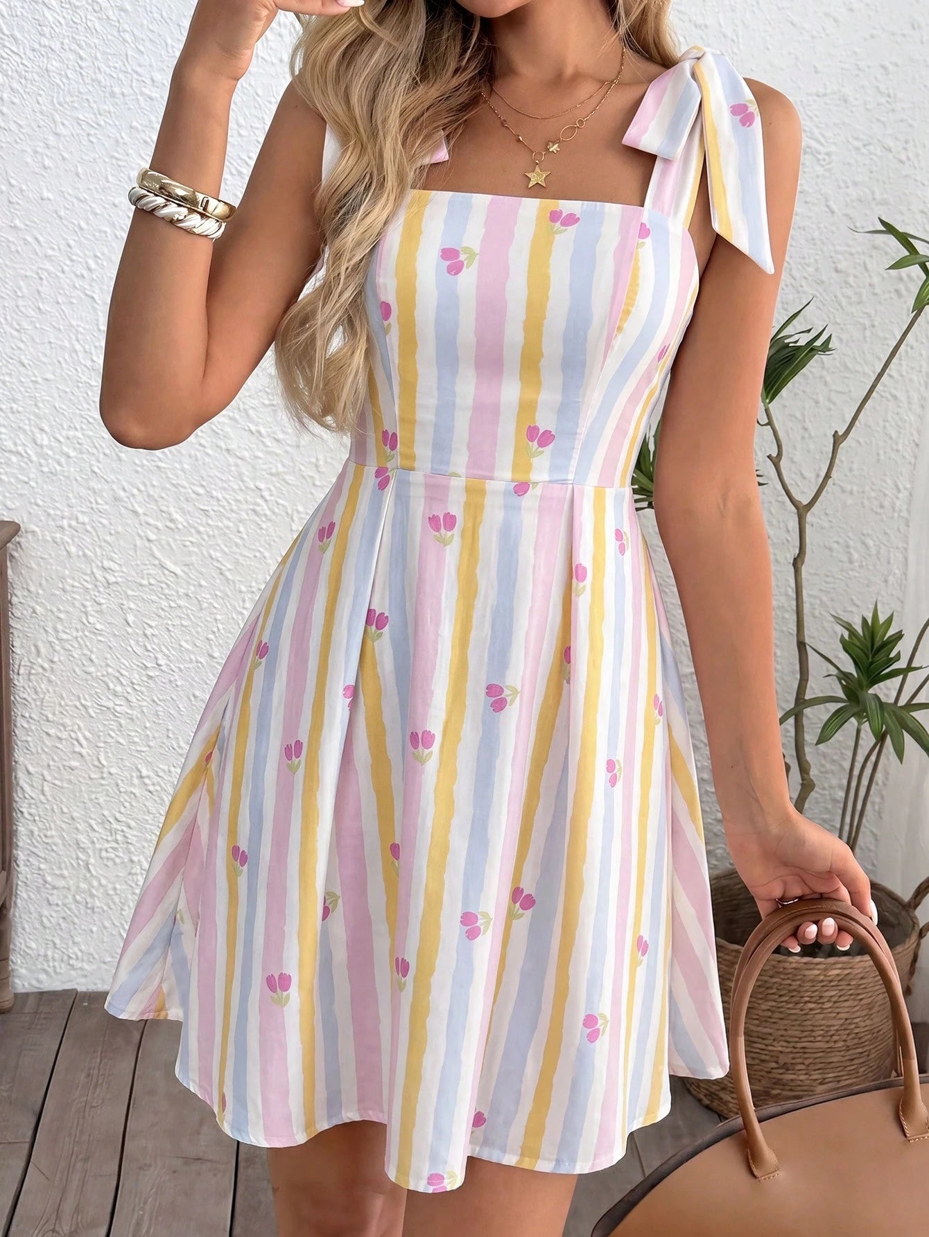 LUNE Women's Pink And White Striped Summer Short Dress,Elegant Picnic Casual Outfits,Cute Cutesy Clothes,Modest Sleeveless Tops,Summer Clothes Coquette