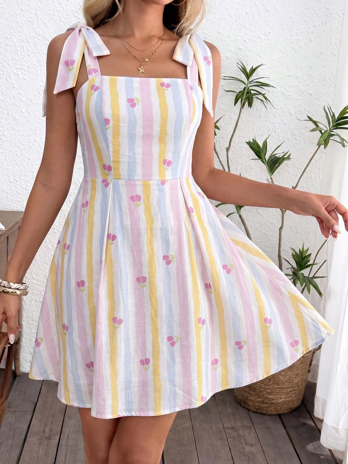 LUNE Women's Pink And White Striped Summer Short Dress,Elegant Picnic Casual Outfits,Cute Cutesy Clothes,Modest Sleeveless Tops,Summer Clothes Coquette