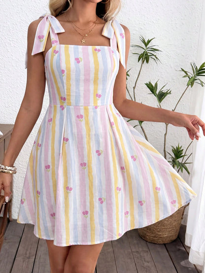 LUNE Women's Pink And White Striped Summer Short Dress,Elegant Picnic Casual Outfits,Cute Cutesy Clothes,Modest Sleeveless Tops,Summer Clothes Coquette