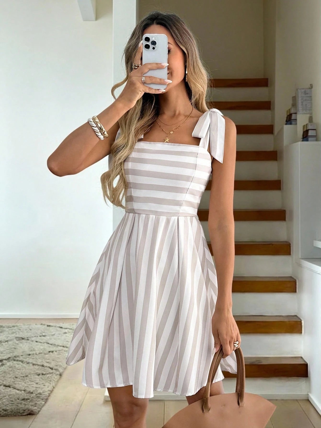 LUNE Women's Pink And White Striped Summer Short Dress,Elegant Picnic Casual Outfits,Cute Cutesy Clothes,Modest Sleeveless Tops,Summer Clothes Coquette