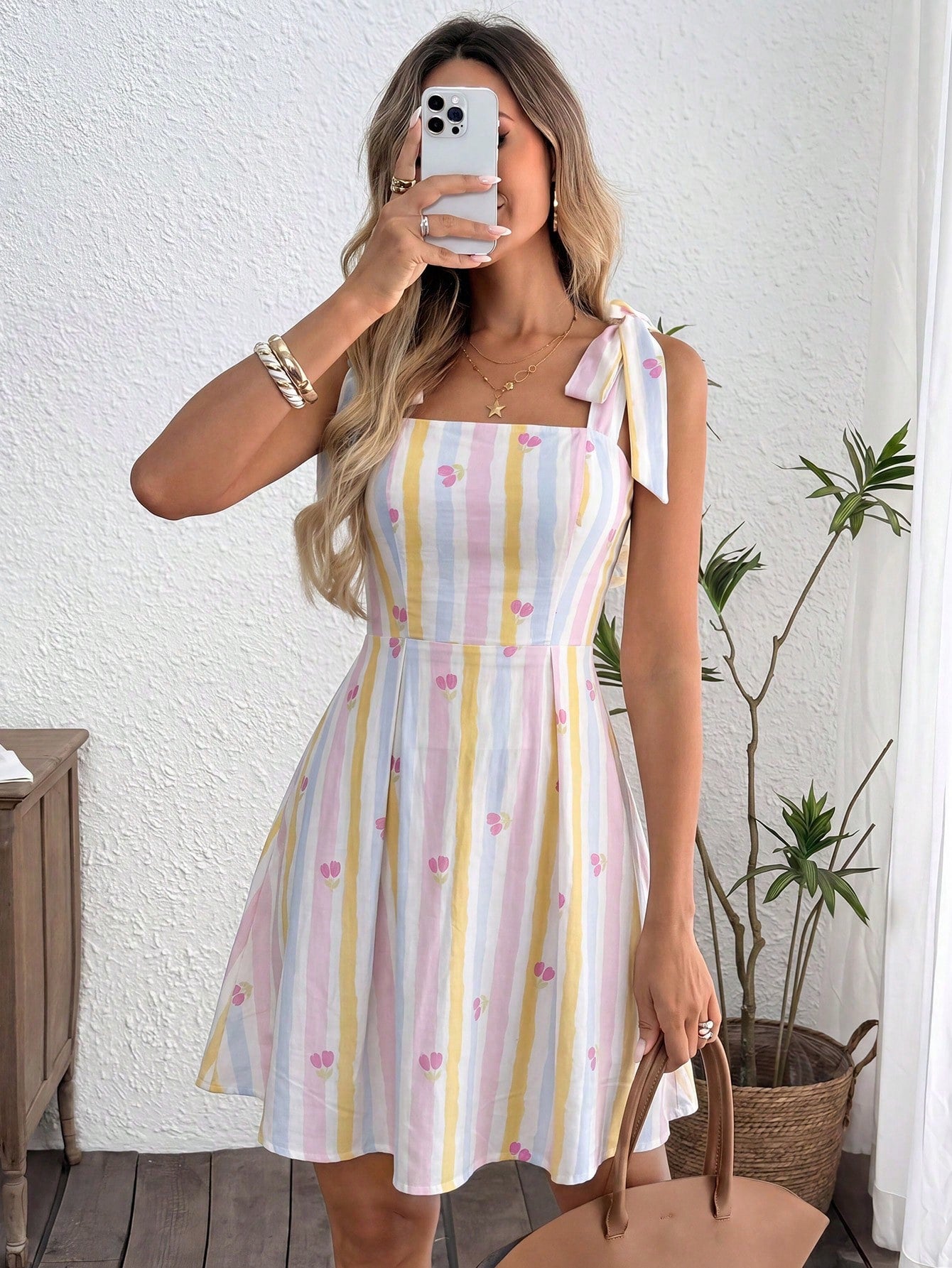 LUNE Women's Pink And White Striped Summer Short Dress,Elegant Picnic Casual Outfits,Cute Cutesy Clothes,Modest Sleeveless Tops,Summer Clothes Coquette