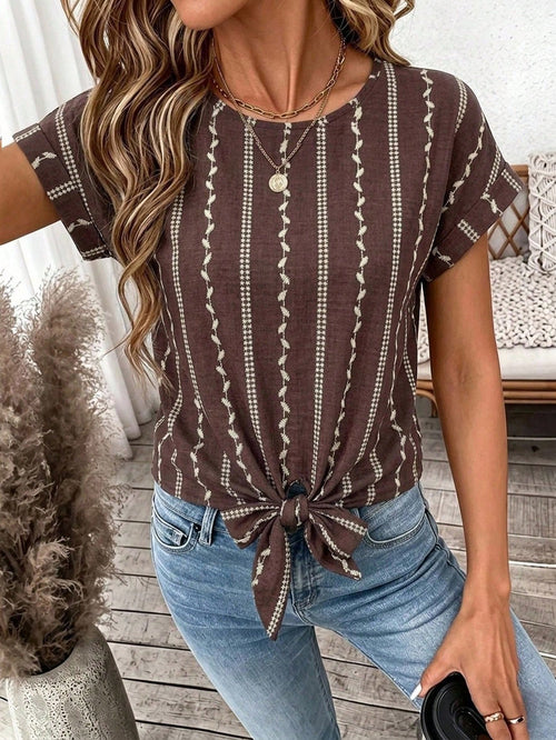 LUNE Women's Printed Summer Top: Cute Tie-Front T-Shirt, Suitable For Casual Boho Outings, Women's Casual Outerwear Top Brunch Vacation Brown Striped