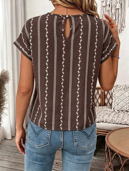 LUNE Women's Printed Summer Top: Cute Tie-Front T-Shirt, Suitable For Casual Boho Outings, Women's Casual Outerwear Top Brunch Vacation Brown Striped