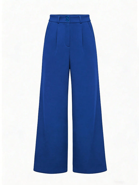LUNE Women's Solid Color Pleated Slant Pocket Casual Wide Leg Pants Blue Pants Wide-Leg Trousers Women's Pants