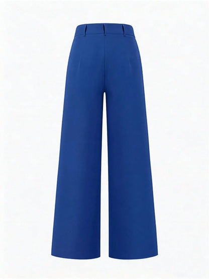 LUNE Women's Solid Color Pleated Slant Pocket Casual Wide Leg Pants Blue Pants Wide-Leg Trousers Women's Pants