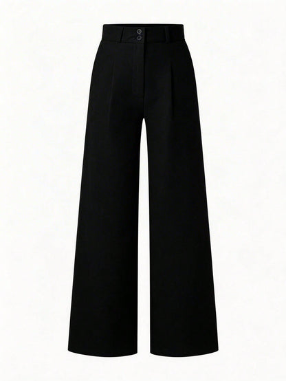 LUNE Women's Solid Color Pleated Slant Pocket Casual Wide Leg Pants Blue Pants Wide-Leg Trousers Women's Pants
