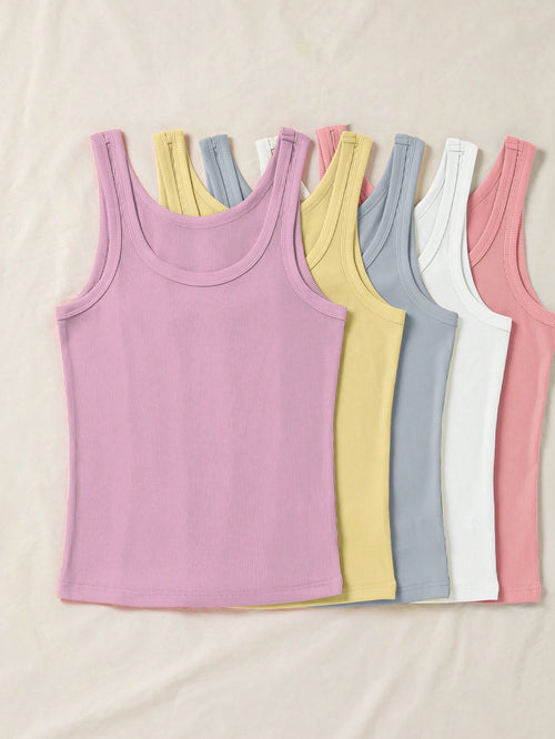 LUNE Women's Solid Color Round Neck Casual Ribbed Versatile Tank Top