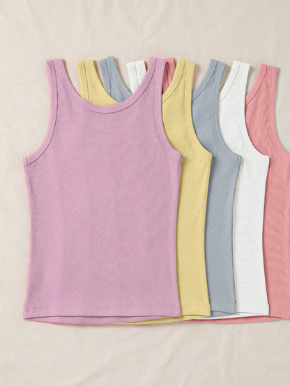 LUNE Women's Solid Color Round Neck Casual Ribbed Versatile Tank Top