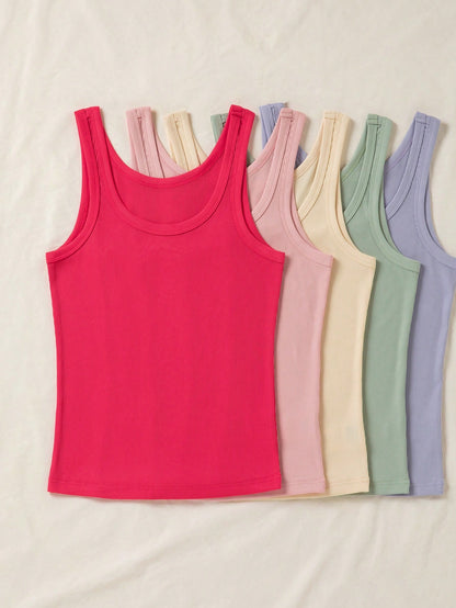 LUNE Women's Solid Color Round Neck Casual Ribbed Versatile Tank Top