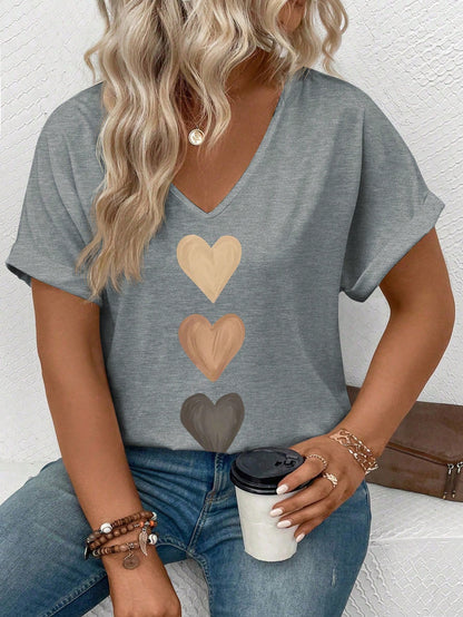 LUNE Women's Spring/Summer V-Neck Cuffed Sleeve, Gradient Heart Print Pattern Casual Versatile T-Shirt