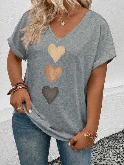LUNE Women's Spring/Summer V-Neck Cuffed Sleeve, Gradient Heart Print Pattern Casual Versatile T-Shirt