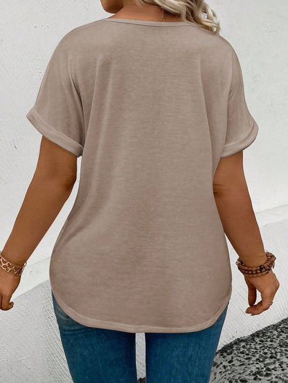 LUNE Women's Spring/Summer V-Neck Cuffed Sleeve, Gradient Heart Print Pattern Casual Versatile T-Shirt