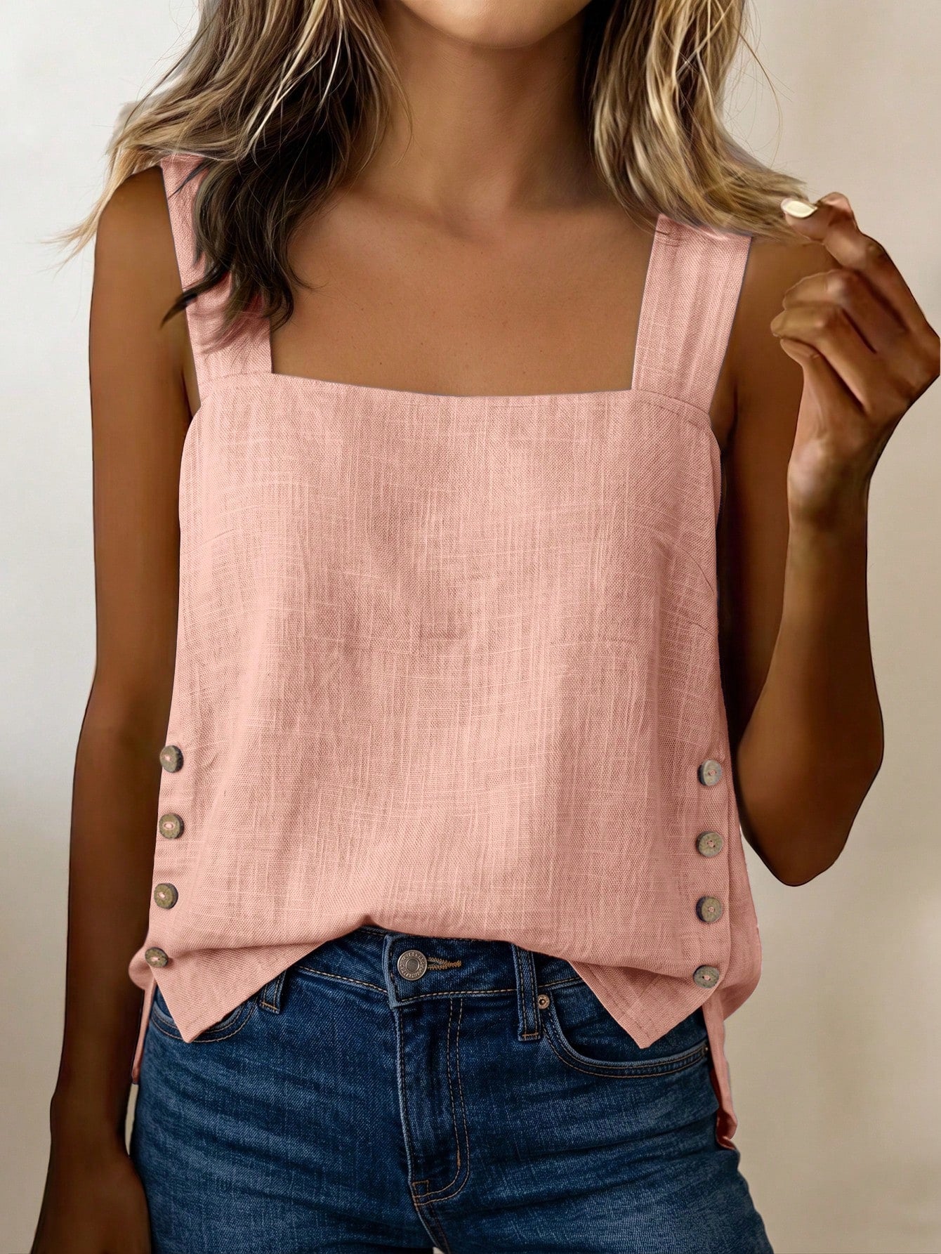 LUNE Women's Summer Blue Square Neck Camisole Sleeveless Tank Top With Side Coconut Button Decor, Loose Fit, Beach Vacation Travel Street Style, Summer Clothing, Summer Top, Summer Tank, New Sum