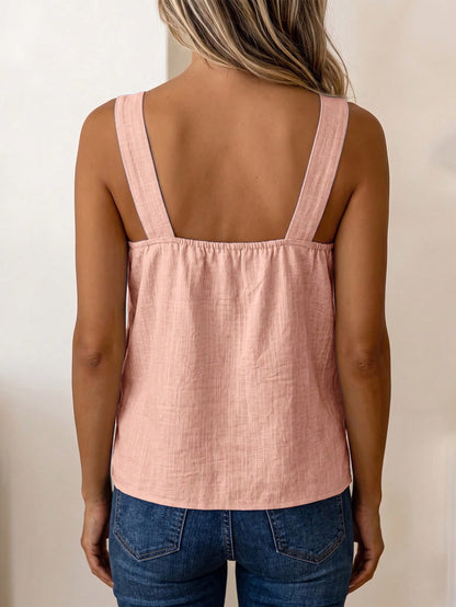 LUNE Women's Summer Blue Square Neck Camisole Sleeveless Tank Top With Side Coconut Button Decor, Loose Fit, Beach Vacation Travel Street Style, Summer Clothing, Summer Top, Summer Tank, New Sum