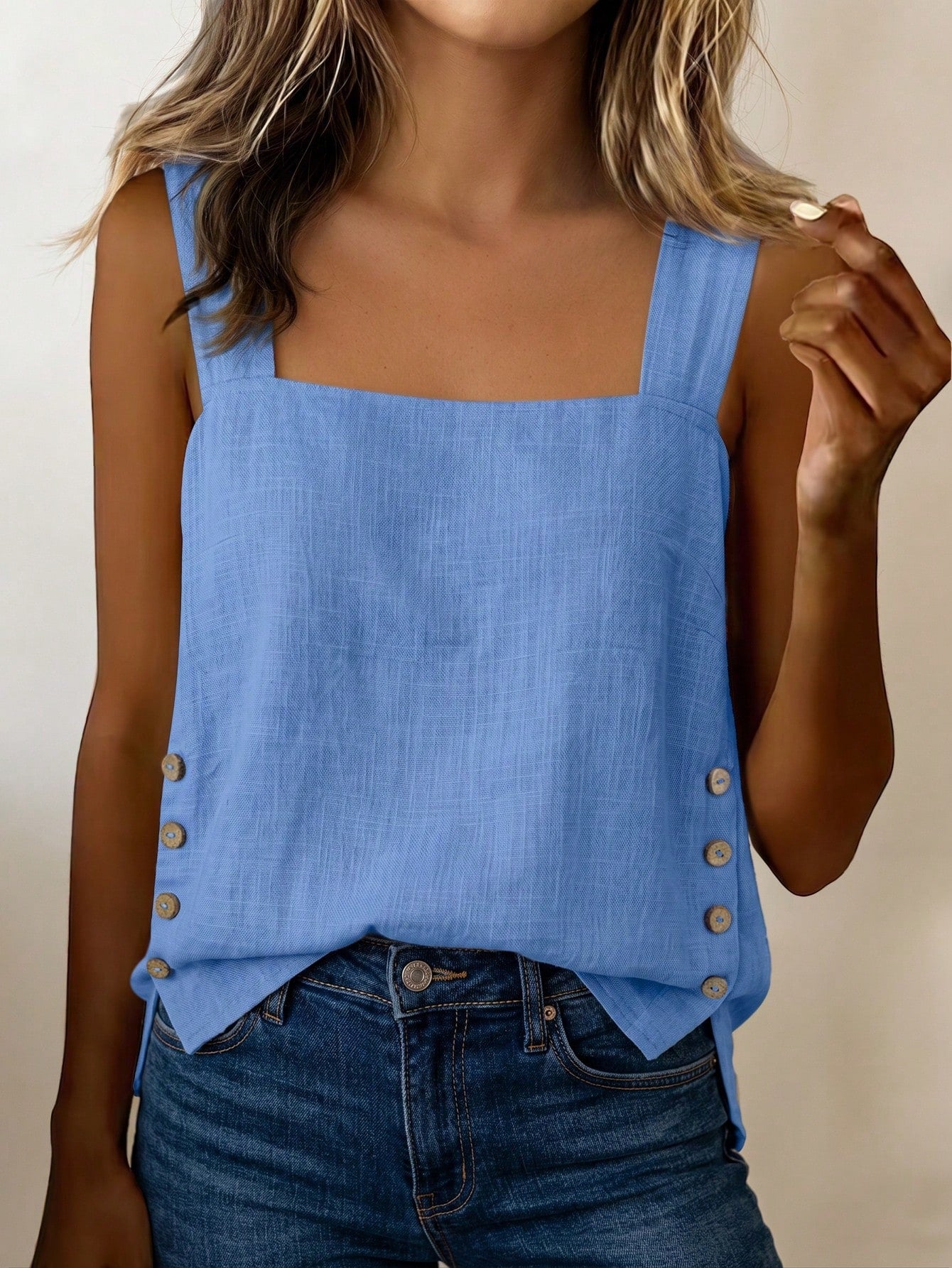 LUNE Women's Summer Blue Square Neck Camisole Sleeveless Tank Top With Side Coconut Button Decor, Loose Fit, Beach Vacation Travel Street Style, Summer Clothing, Summer Top, Summer Tank, New Sum