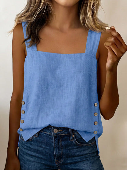 LUNE Women's Summer Blue Square Neck Camisole Sleeveless Tank Top With Side Coconut Button Decor, Loose Fit, Beach Vacation Travel Street Style, Summer Clothing, Summer Top, Summer Tank, New Sum