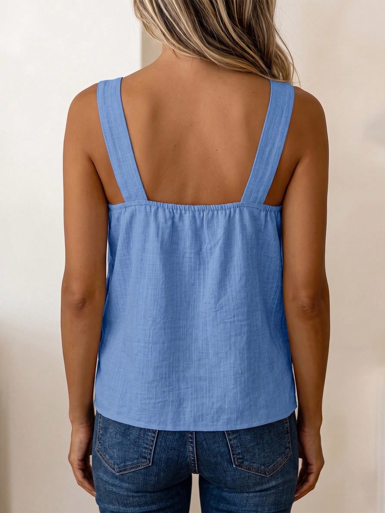 LUNE Women's Summer Blue Square Neck Camisole Sleeveless Tank Top With Side Coconut Button Decor, Loose Fit, Beach Vacation Travel Street Style, Summer Clothing, Summer Top, Summer Tank, New Sum