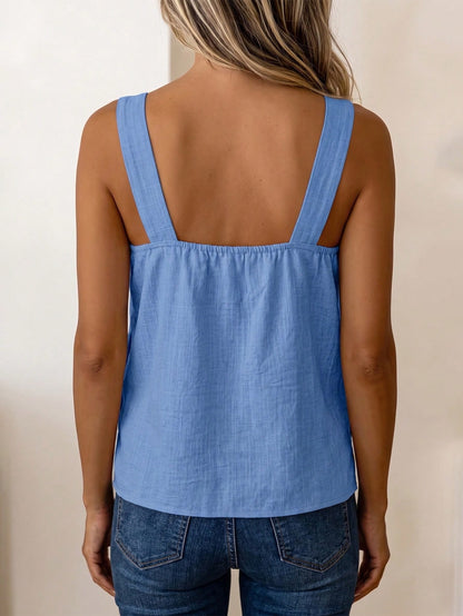 LUNE Women's Summer Blue Square Neck Camisole Sleeveless Tank Top With Side Coconut Button Decor, Loose Fit, Beach Vacation Travel Street Style, Summer Clothing, Summer Top, Summer Tank, New Sum